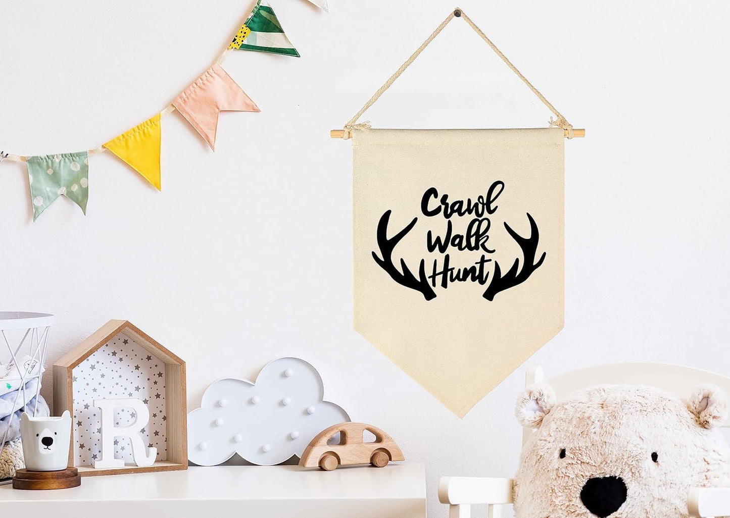 Crawl Walk Hunt,Woodland Deer-Flag Sign Gifts for Baby Newborn Boys Girls Kids-Banner Wall Decor Present for Nursery Bedroom Playroom Front Door-Baby Gift Shower-New Home Birthday Christmas Gift