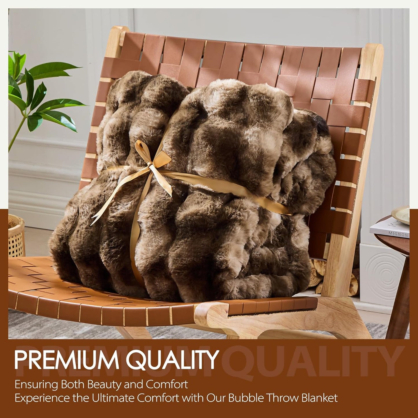 Luxury 1000GSM Faux Rabbit Fur Throw Blanket, Super Heavy Warm Cozy Blankets for Couch Bed Sofa, Bubble Plush Fuzzy Elegant Soft Reversible Mink Blanket for Living Room Bedroom, Brown