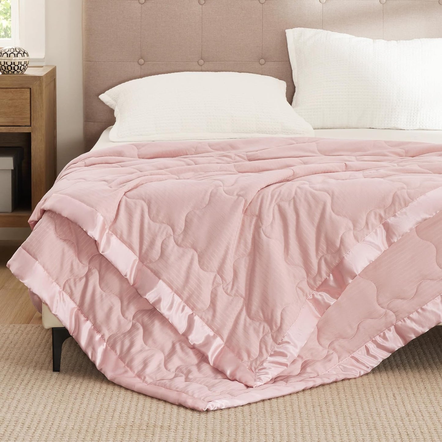 Bedsure Lightweight Blanket for Summer Queen Size - Down Alternative Blanket with Satin Trim for Bed, Light Summer Throw Pink, 90x90 Inches