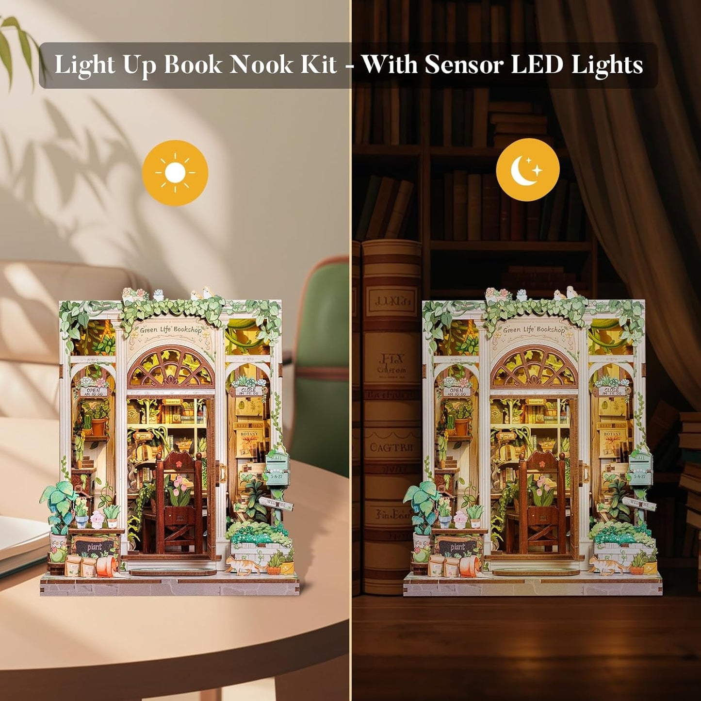 Fsolis Book Nook Kit, 3D Wooden Puzzles for Adults, 196 pcs, DIY Miniature Puzzle Room Kit Tiny House Bookshelf Decor Gifts for Women Teenagers Book Lovers (Green Life's Bookshop)