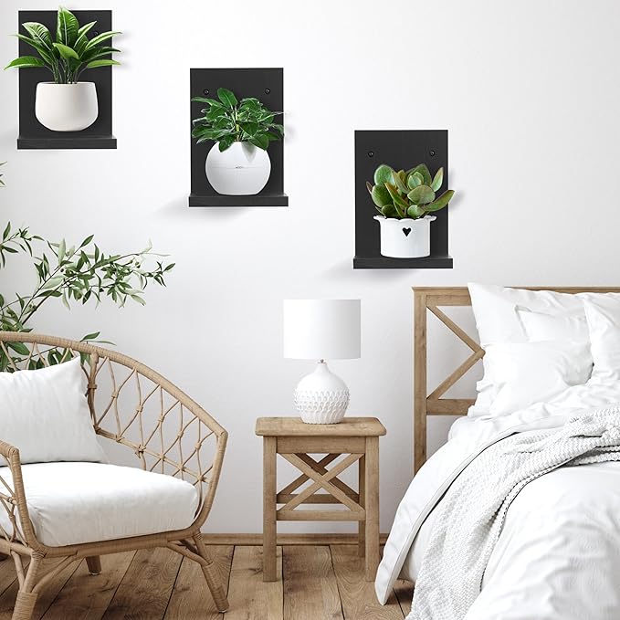 Small Wall Shelf,L-Shaped Small Floating Shelves for Plants Speaker Table Lamp Display,Wooden Ledges Indoor Modern Midcentury Decorative for Gallery Living Room Bedroom Porch,Pine,2 Pack(Black)