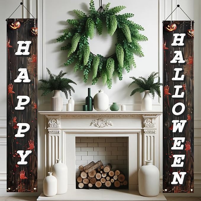 2PCS Halloween Porch Banner Decorations 71 x 12 Inch Happy Halloween Vertical Hanging Sign Scary Bloody Handprint Front Door Banner for Outdoor Haunted House Yard Party Wall Decor