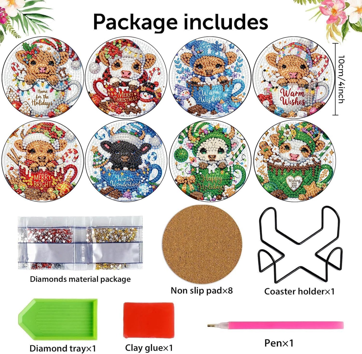 Meothan 8 Pcs Diamond Art Coasters Kits for Adults with Holder Cork Pads, Highland Cow Diamond Dots Art Painting Coasters Crafts Kit for Home Office Decor (Christmas Theme)