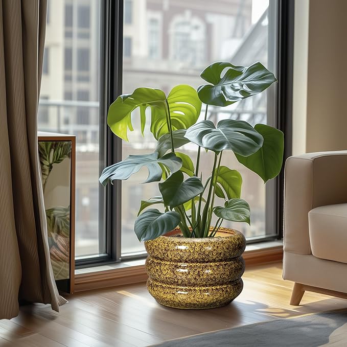 SQOWL Ceramic Flower Pots - 10 Inch Plant Pot Indoor with Drainage Hole, Round Bubble Planter for Outdoor Plants, Decorative Ceramic Plant Pot, Porch Home House Decor, House Warming Gifts, Yellow