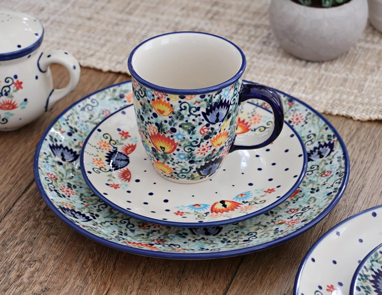 Blue Rose Polish Pottery - Red Desert Flower Dessert Plate - 7" Diameter - Beautiful Plate for Cake, Appetizers, or Snacks