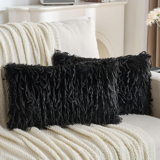 FUTEI Black Decorative Throw Pillow Covers 12x20 Inch Set of 2,Soft Fluffy Faux Feather Texture Lumbar Pillow Cases,Modern Home Luxury Decor for Couch Bed Living Room