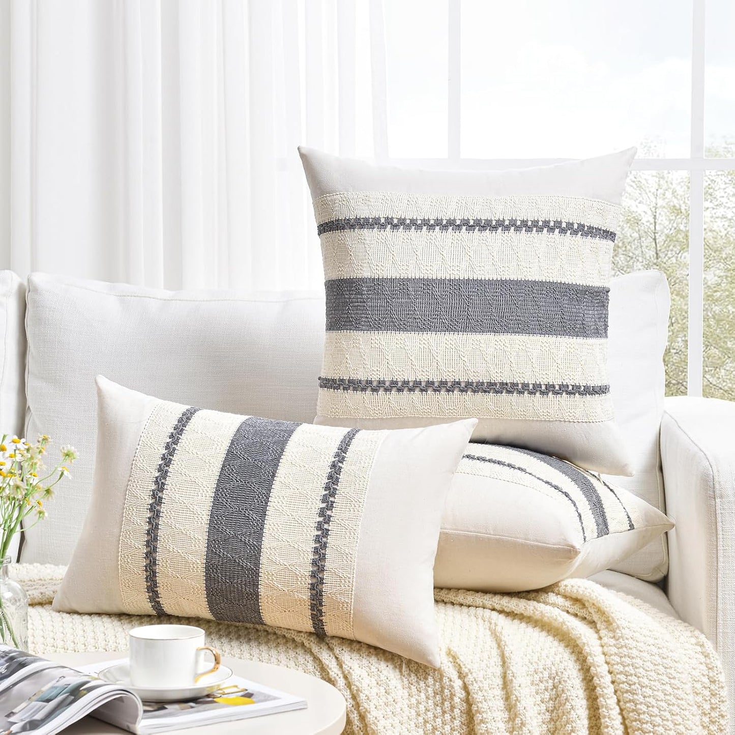 Fancy Homi Set of 2 Neutral Grey Farmhouse Decorative Throw Pillow Covers 22x22 Inch for Couch Bed Chair Indoors, Vintage Country Rustic Retro Room Decor, Soft Thick Cotton Handmade Woven Cushion Case