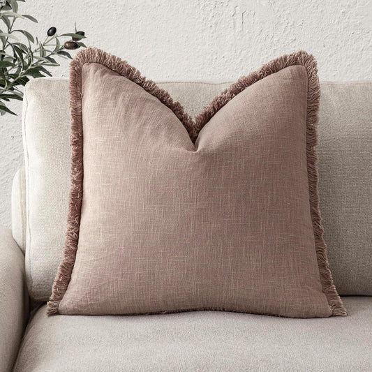 Foindtower Decorative Linen Fringe Throw Pillow Covers Cozy Boho Farmhouse Cushion Cover with Tassels Soft Accent Pillowcase for Chair Sofa Bed Living Room Home Decor, 22×22 Inch,1PC,Dusty Pink