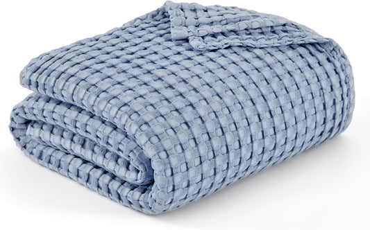 Bedsure Cooling Cotton Waffle King Size Blanket - Lightweight Breathable Summer Blanket of Rayon Derived from Bamboo for Hot Sleepers, Luxury Throws for Bed, Couch and Sofa, Fog Blue, 104x90 Inches