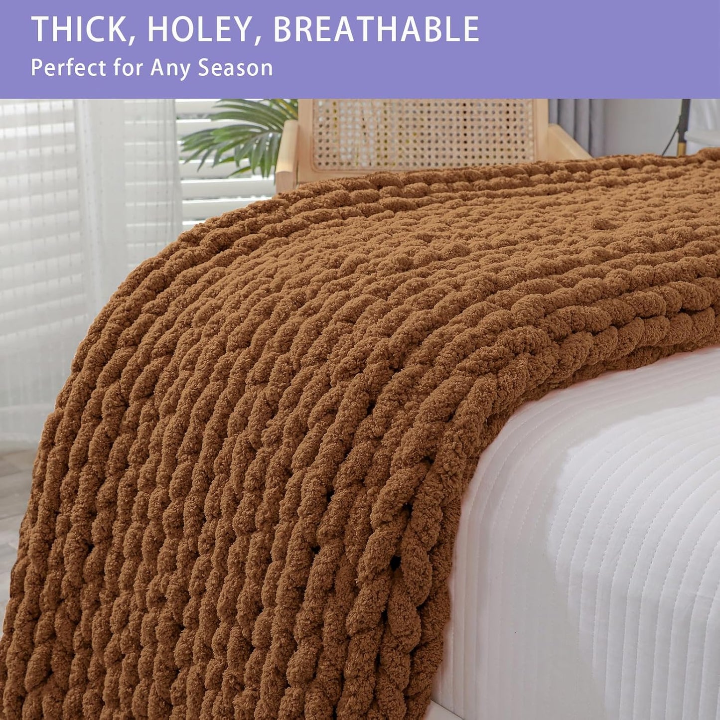 Bigacogo Chunky Knit Throw Blanket for Couch, 40x60 inches, 100% Hand Knitted with Thick Jumbo Chenille Yarn, Cozy Soft Large Rope Knot Cable Crochet Blankets for Sofa Bed Living Room, Caramel