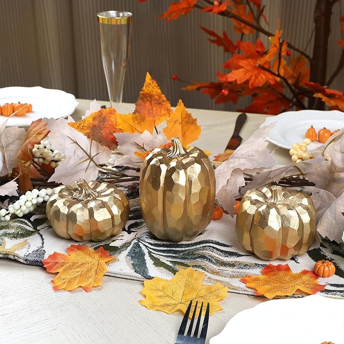 winemana 3 Pack Fall Decor for Home-Gold Pumpkins Thanksgiving Decorations, Table, Fireplace Mantel, Office, Elegant Decorative Pumpkin Autumn Indoor Decor