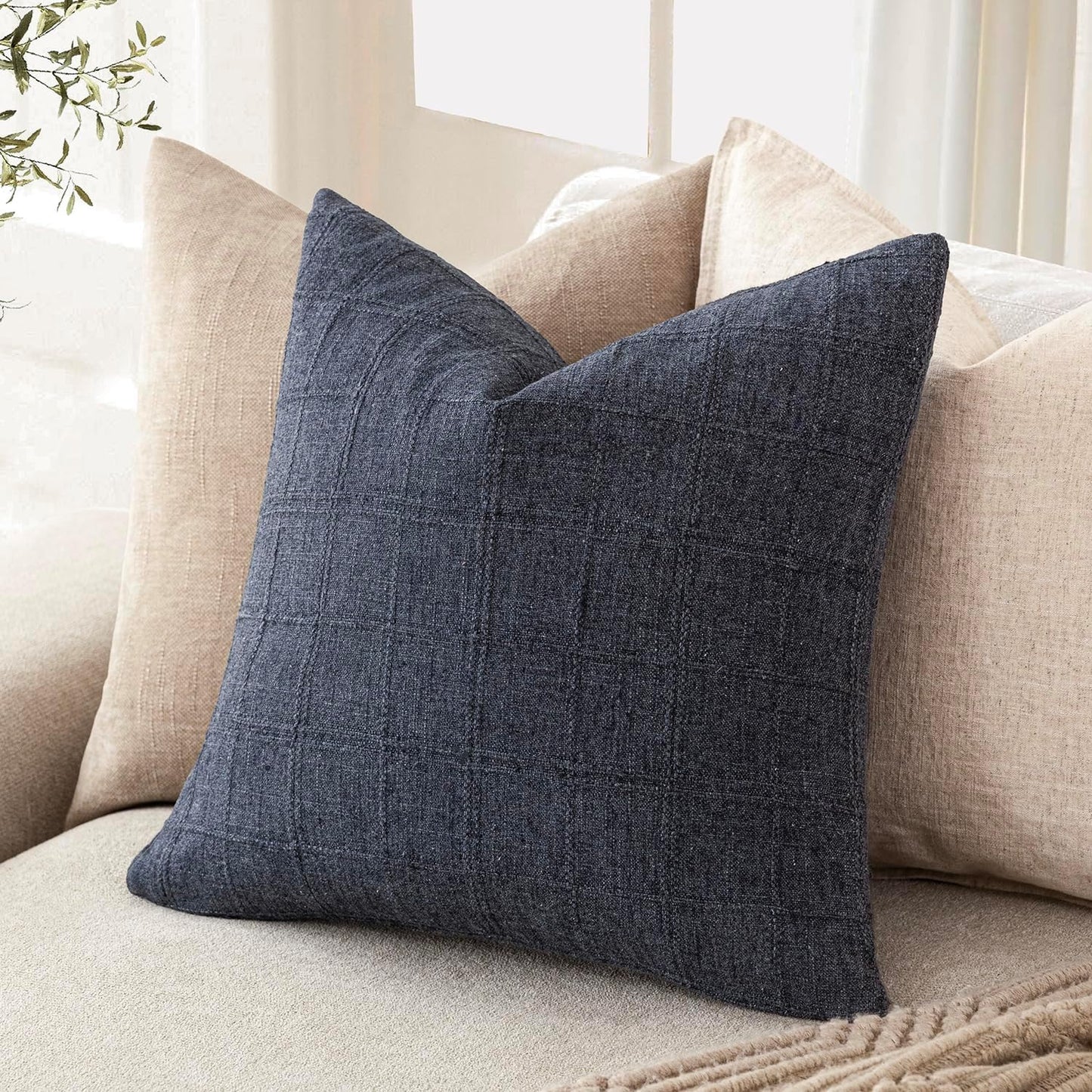 Foindtower Set of 2 Decorative Linen Check Throw Pillow Covers Neutral Farmhouse Vintage Cushion Covers Modern Boho Home Decor for Sofa Chair Couch Bedroom Living Room,22×22 Inch,Navy Blue