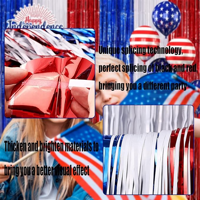 4 Pack Red Blue White Foil Fringe Curtain Backdrop, 3.28Ft x 9.8Ft Metallic Tinsel Foil Fringe Streamers Curtains for Photo Booth, Wedding, Mardi Gras, Birthday, Independence Day Party Decoration
