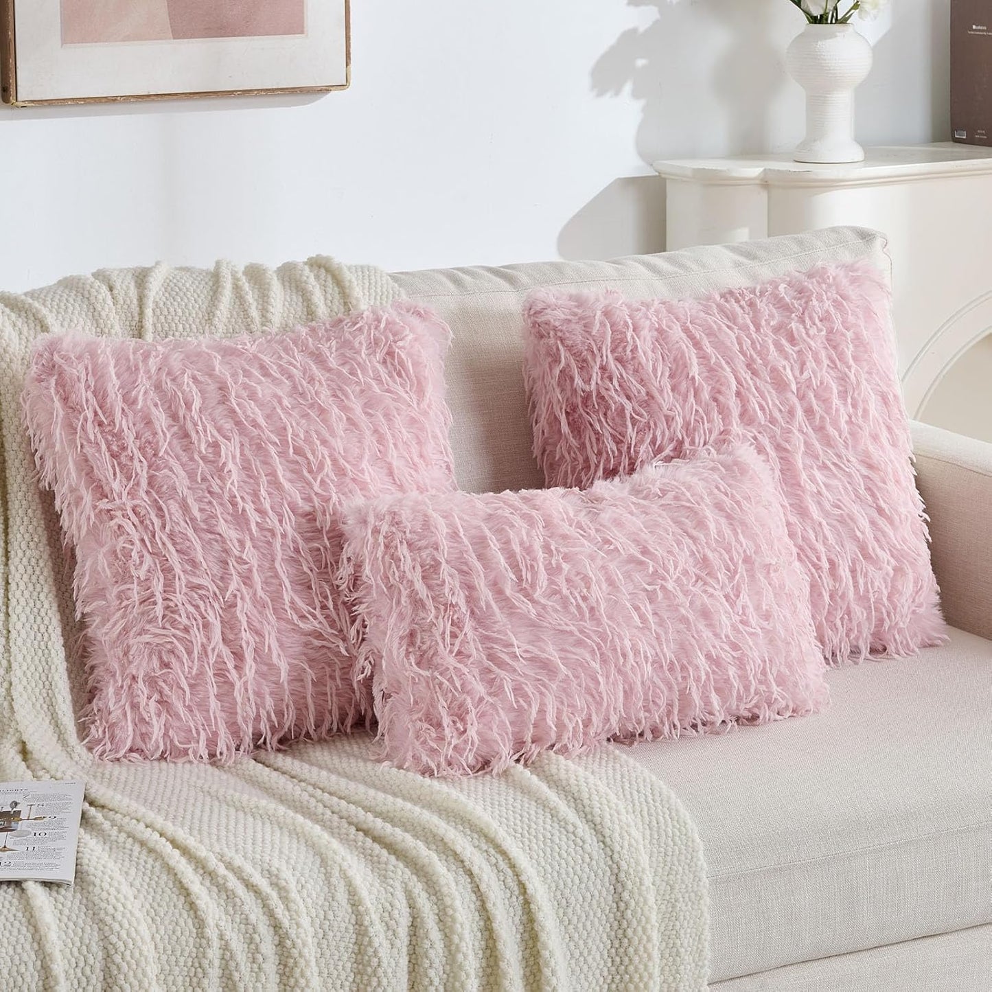 FUTEI Pink Decorative Throw Pillow Covers 20x20 Inch Set of 2,Soft Fluffy Faux Feather Texture Cushion Cases,Modern Home Luxury Decor for Couch Bed Living Room