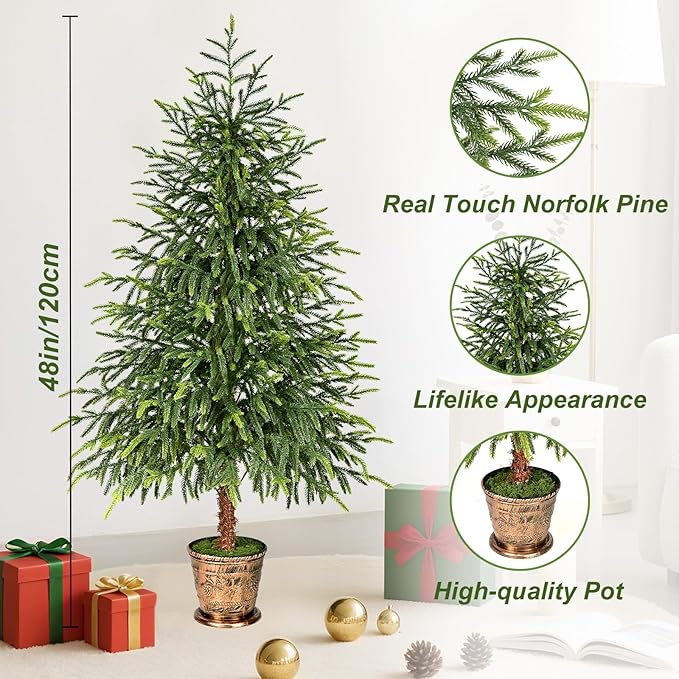 4FT Norfolk Pine Tree with Pot - Christmas Tree with Real Touch PE Branch Tips for Front Porch, Kitchens, Home Indoor Outdoor Xmas‌ Decor