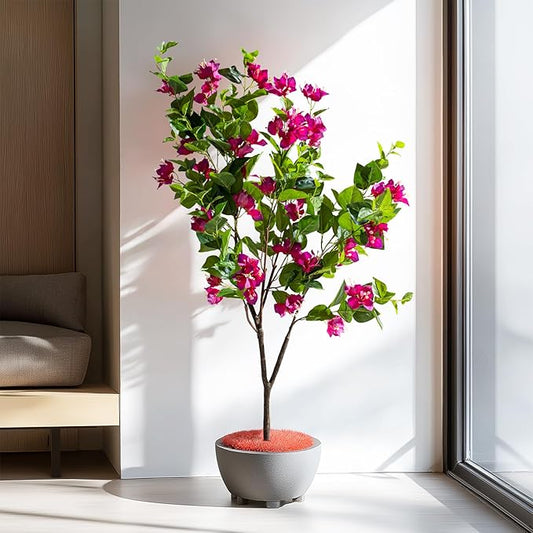 4FT Artificial Bougainvillea Tree Artificial Tree Tall Potted Fake Bougainvillea Trees for Outdoor Indoor Lifelike Potted Faux Plants with Wood Trunk and Flowers Office Wedding Home Decor