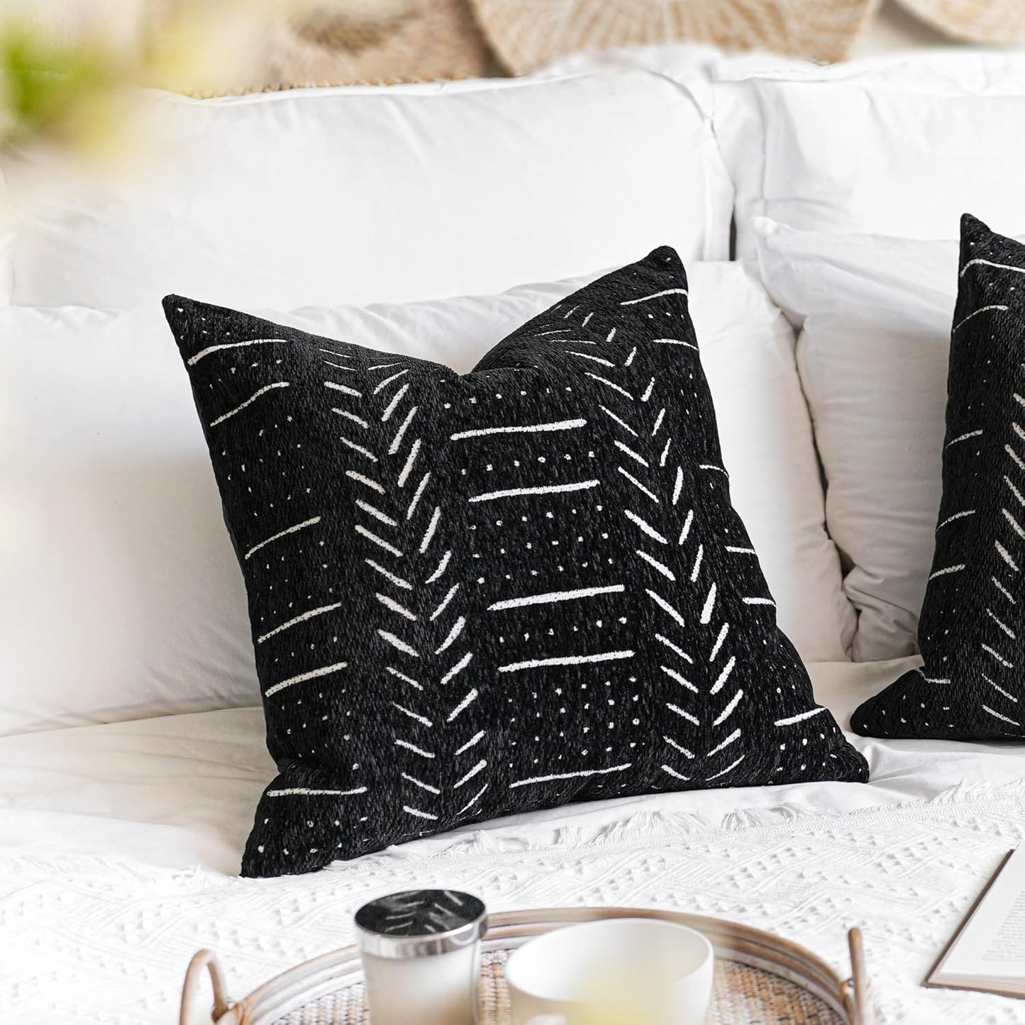 BlissBlush Black Decorative Throw Pillow Covers 18X18, Set of 2, Boho Farmhouse Cushion Cover, Cozy Soft Accent Pillowcase for Couch Sofa Bed Living Room Home Décor