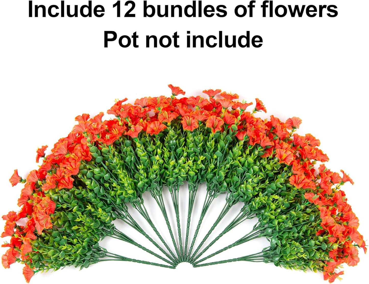 Fake Fall Flowers Artificial Flowers Plants for Outdoors Autumn Decoration, 12 Bundles Orange Silk Morning Glory with Eucalyptus Realistic UV Resistant Faux Flower Greenery for Outside Yard Garden