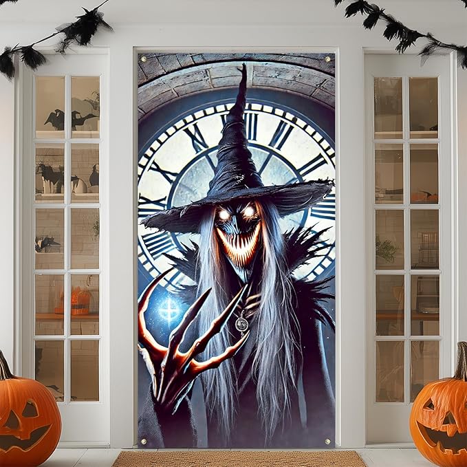 IVN Halloween Door Cover Clock Tower Witch Horror Enchanted Night Decor Photot Backdrop 35x71 Inch Festive Ornate Ornament Home Porch Decor Spooky Welcome Door Banner Outdoor Indoor Decoration