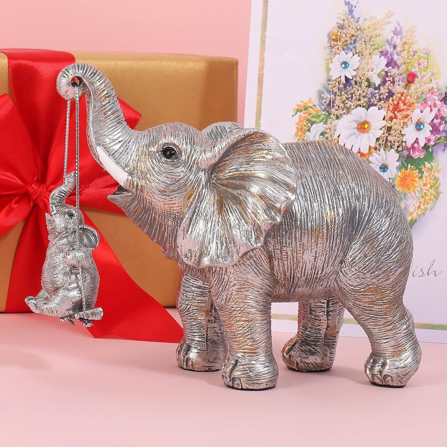 Cute Elephant Statue Silver Elephant Animal Accents Brings Good Luck, Health, Strength Decorations for Home, Shelf, Living Room