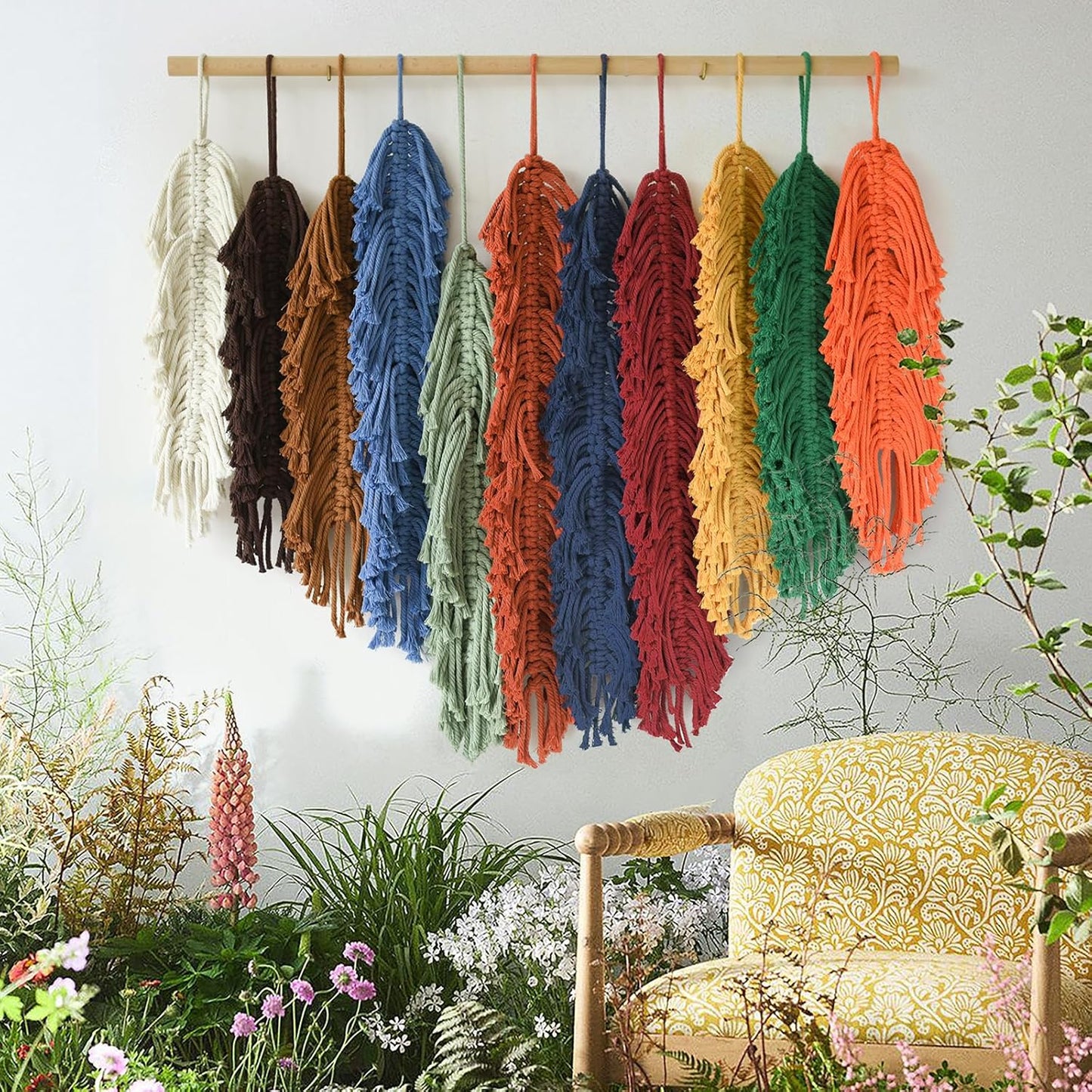 Jakalin Macrame Wall Hanging Leaf, Colorful Yarn Feathers Boho Wall Decor, Handmade Woven Tapestry for Bedroom, Nursery, Living Room, Boho Chic Fiber Art Wall Hanging 27.5" W x 23.6" L