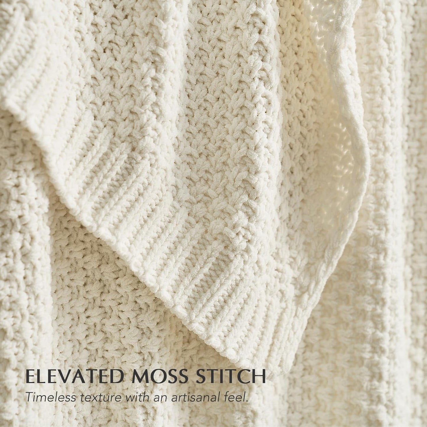 EVERGRACEHOME Chunky Chenille Knit Throw Blanket for Couch, Soft Luxurious Moss Stitch Blankets for Bed, Cozy Decorative Farmhouse Knitted Throws for Sofa, Ivory White, 50" x 60"