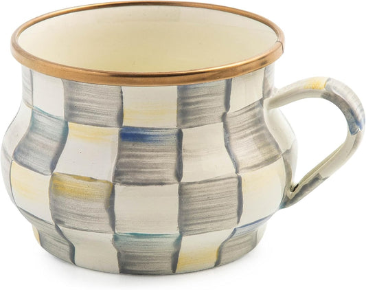 MACKENZIE-CHILDS Enamel Teacup, Unique Coffee and Tea Mug, Enamel Cup for Hot Tea, 10 Ounces, Gray-and-White Sterling Check