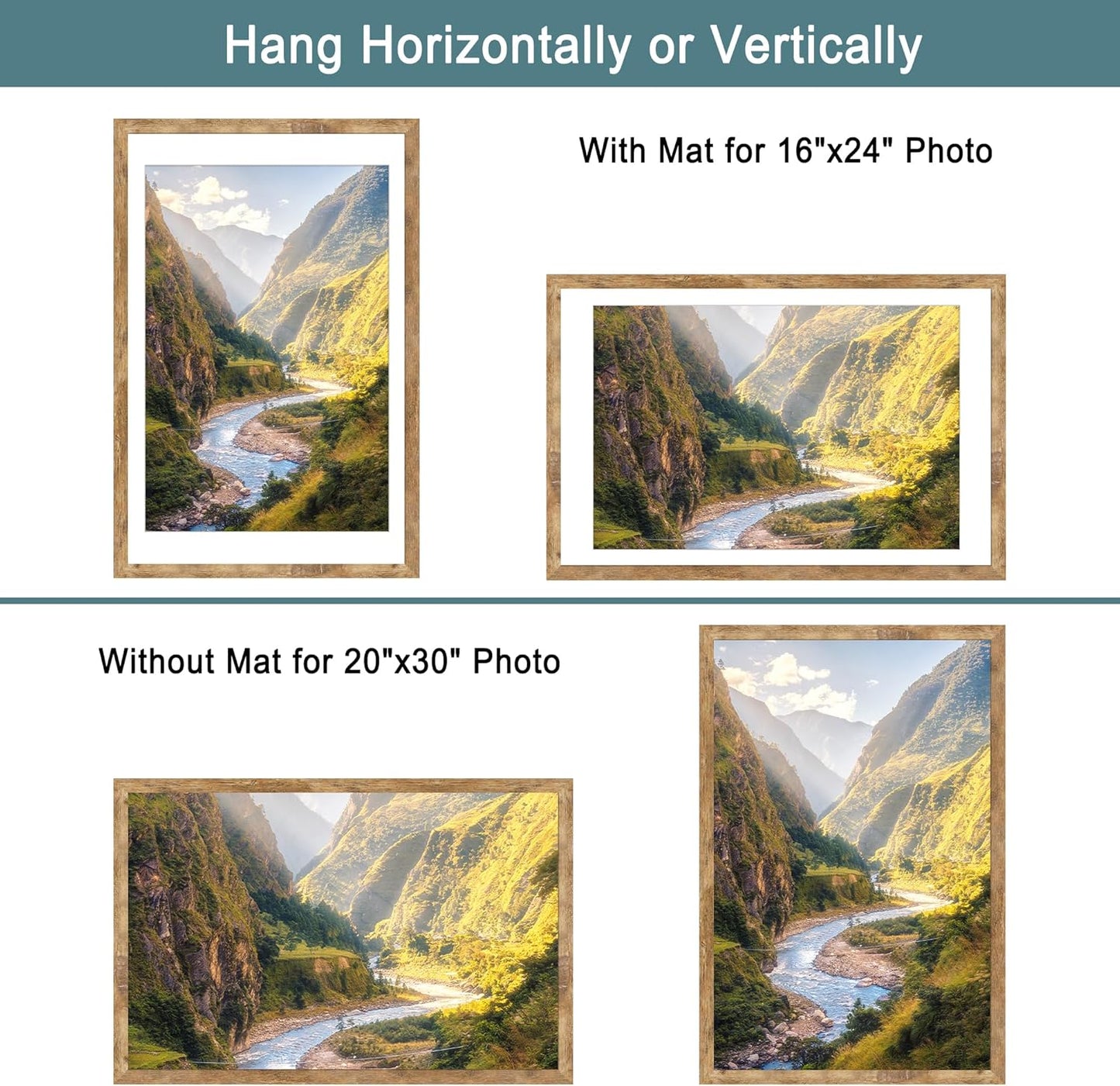 iRahmen 20x30 Poster Frame Set of 2 with Plexiglass, Wood Brown Rustic Picture Frames for Wall Mounting Display Picture 16x24 with Mat or 20 x 30 Without Mat