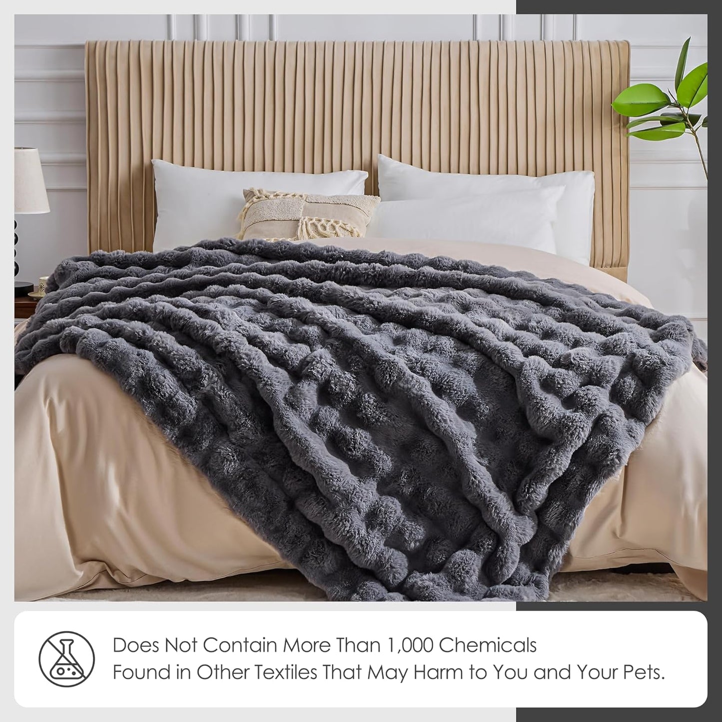 Luxury 1000GSM Faux Rabbit Fur Throw Blanket, Super Heavy Warm Cozy Blankets for Couch Bed Sofa, Bubble Plush Fuzzy Elegant Soft Reversible Mink Blanket for Living Room Bedroom, Grey