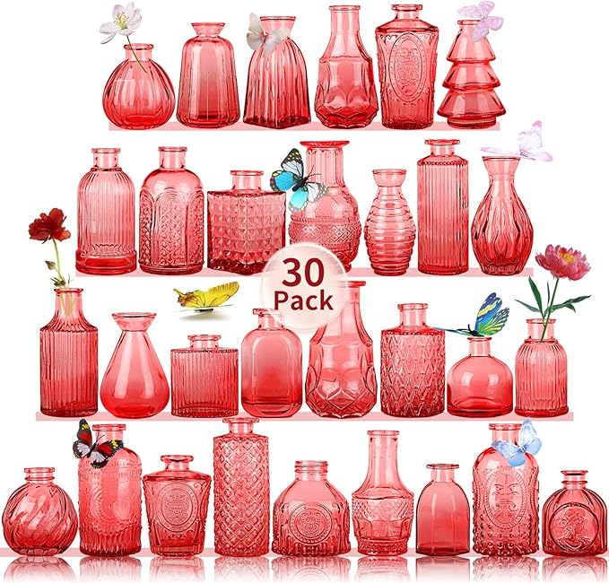 Glass Bud Vases Set of 30 pcs for Wedding,Home Decor,and Events,Mini Vases for Centerpieces and Gifts,Ideals for Candle Holders,Diffuse Bottles,Plant hydroponics Stations(Wine Red)