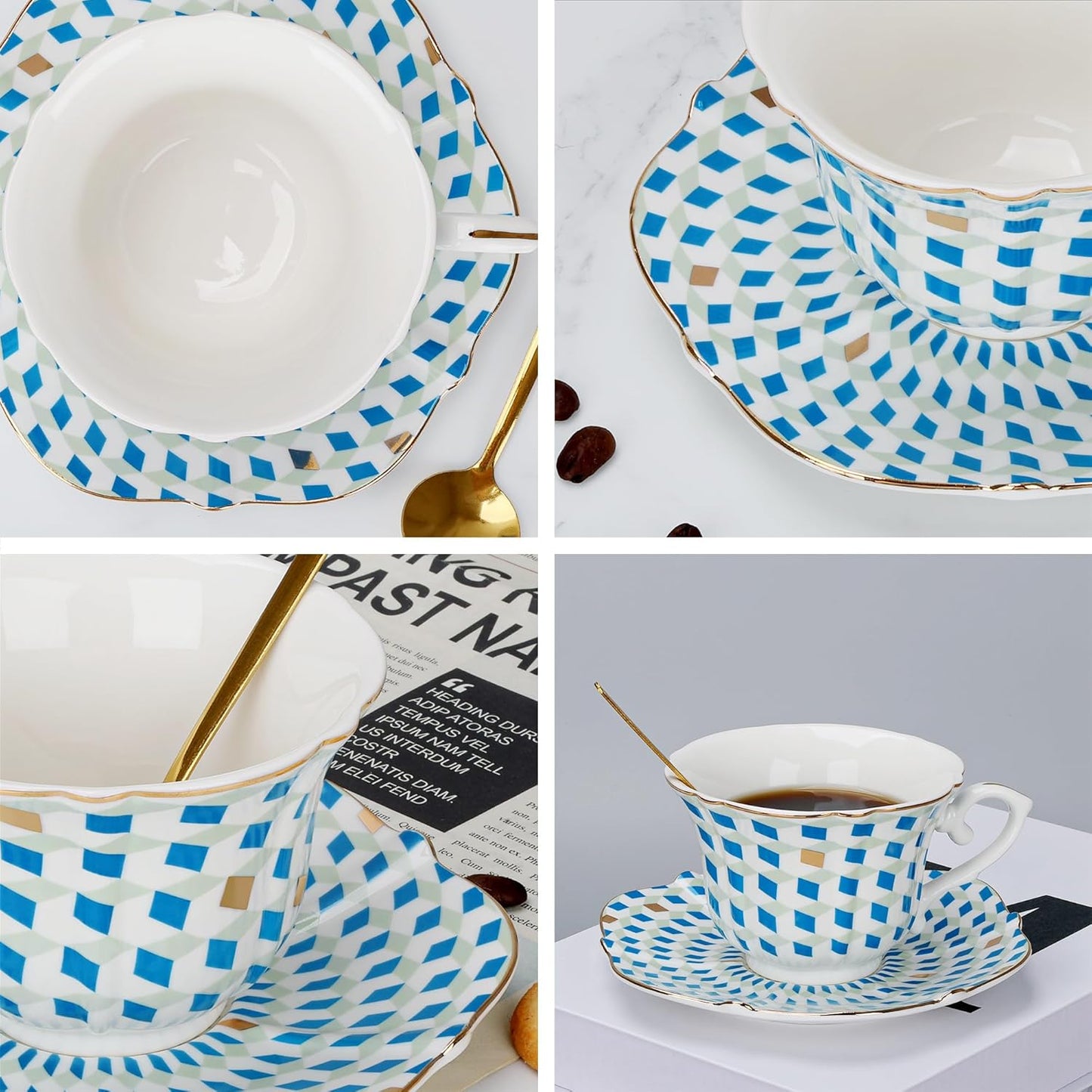 fanquare 6 oz Modern Tea Cup and Saucer Set with Spoon, Blue and White Geometric Pattern Porcelain Coffee Cup, Classic Teacup for Women Tea Party