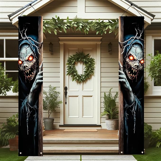 2PCS Halloween Porch Banner Scary Skeleton Demon Vertical Hanging Decorations for Front Door Outdoor Horror Welcome Door Sign Spooky Party Decor Haunted House Entrance Backdrop 71 x 12 Inch