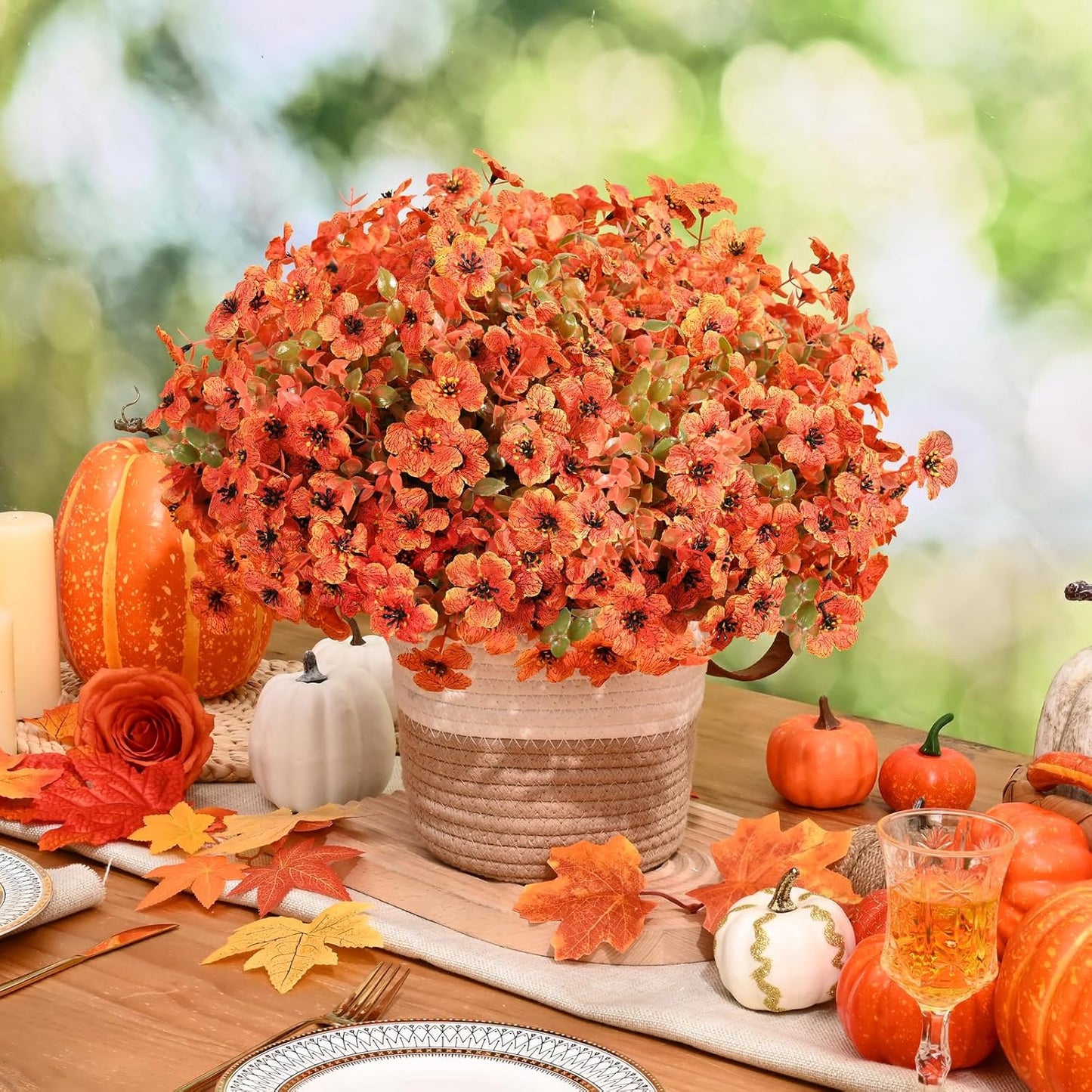 Fall Decor, Fake Mums, Fall Flowers, UV Resistant Artificial Mums for Outdoors,24 Bundles Faux Mums for Outside, Fall Flowers Plants Artificial for Decoration For Home Porch Thanksgiving,Orange Green