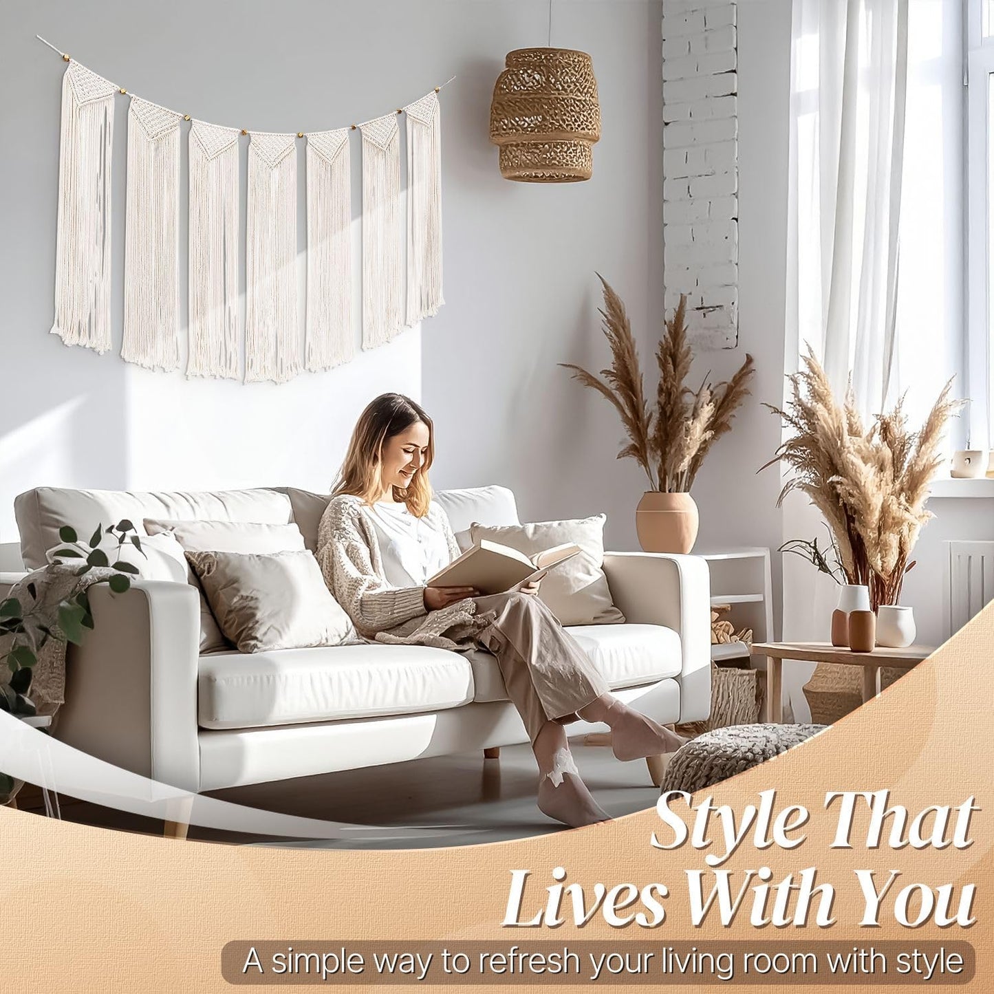 Flexzion Macrame Wall Decor Hanging Boho Hand Woven Tapestry Art Bunting Banner Bohemian Wall Decor for Home Bedroom Living Room Rustic Hippie Garland Baby Nursery, 47 Inch Cream White Cotton Curtain