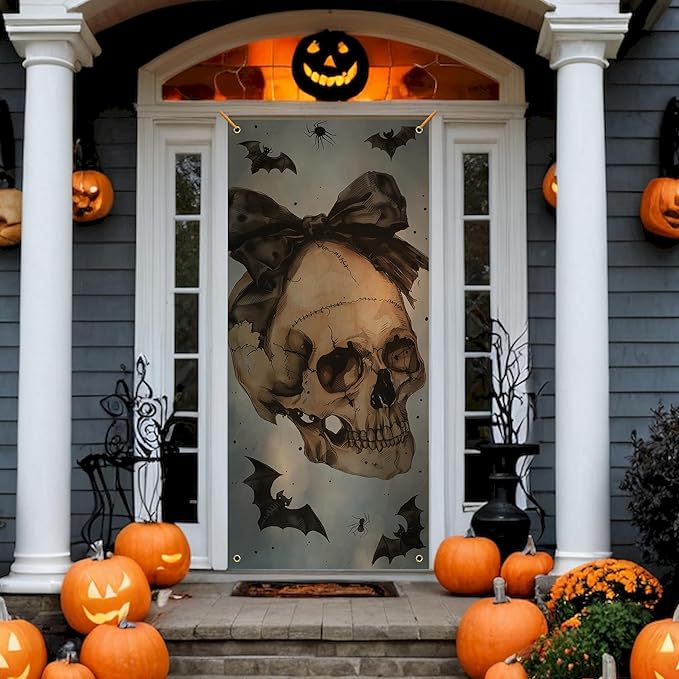 Vintage Halloween Skull Door Cover, Coquette Bow Skeleton Bats Decoration Doorway Door Curtains Banners Backdrop Background Decor for Halloween Party, Indoor Outdoor Decorations, 35 * 79 Inch