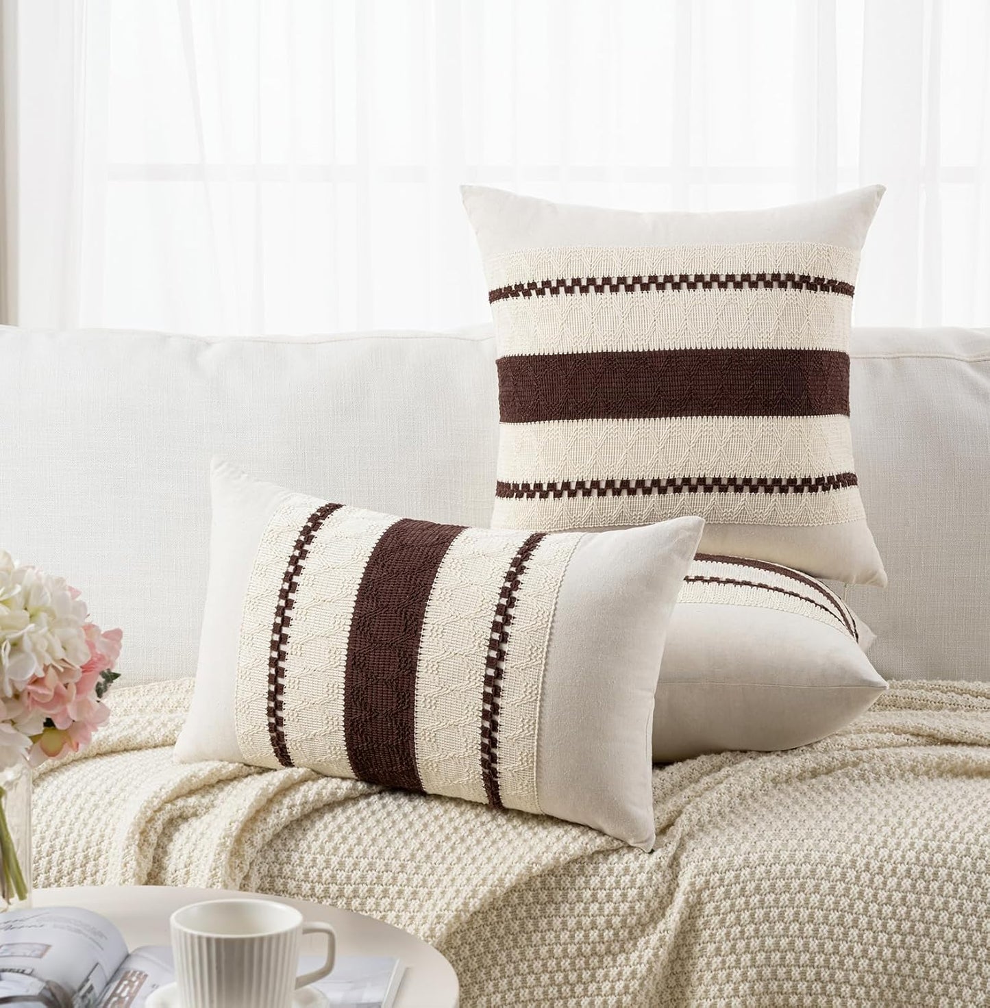 Fancy Homi Set of 1 Boho Brown Lumbar Decorative Throw Pillow Cover 12x20 Inch for Couch Bed Sofa Chair, Modern Organic Farmhouse Home Decor, Soft Cotton Cute Accent Rectangle Cushion Case