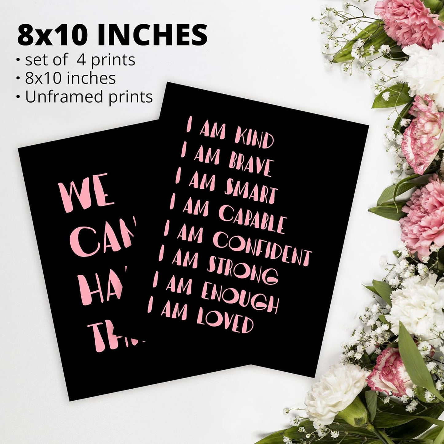 I am Kind Brave Smart Affirmations Black Sun Sunshine Hearts Poster Prints for Girls Kids Room Playroom Decor,Girl Nursery Decorations Prints Wall Art Unframed 4pcs 8x10inches,Girls Kids Gifts