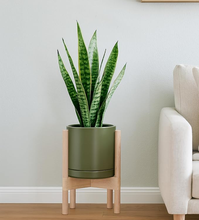 D'vine Dev Ceramic Planter with Natural Stand - 8 Inch Modern Round Flower Pot with Wood Planter Holder, Olive, 55-B-N-J