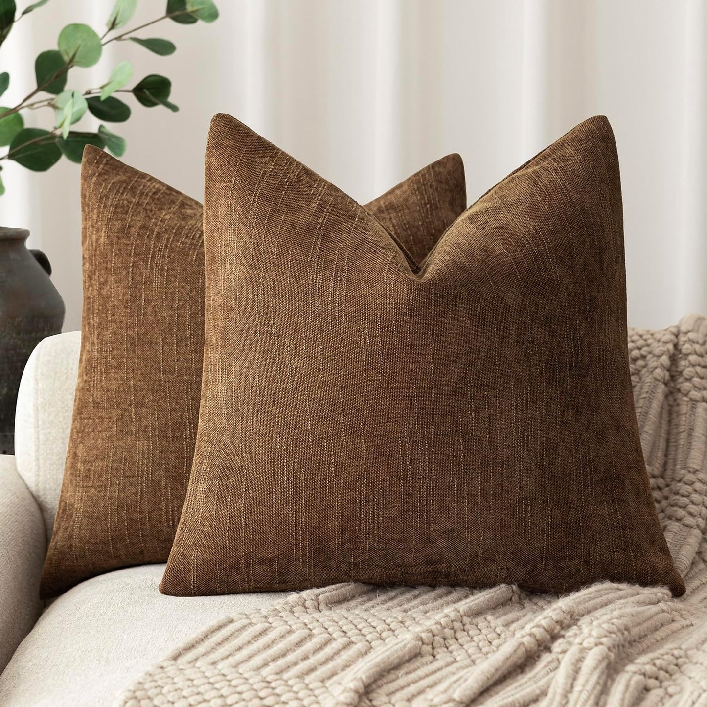 Foindtower Set of 2 Soft Textured Chenille Throw Decorative Pillow Covers Square Accent Solid Cushion Cover Cozy Neutral Farmhouse Pillow Case for Couch Sofa Bedroom Living Room 16x16 Inch,Dark Bronze