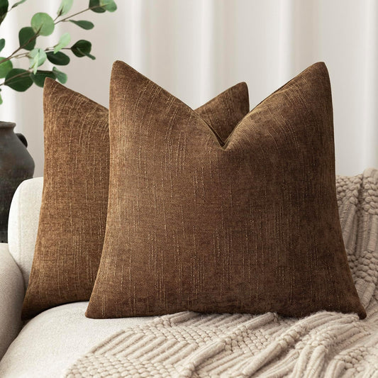 Foindtower Set of 2 Soft Textured Chenille Throw Decorative Pillow Covers Square Accent Solid Cushion Cover Cozy Neutral Farmhouse Pillow Case for Couch Sofa Bedroom Living Room 18x18 Inch,Dark Bronze