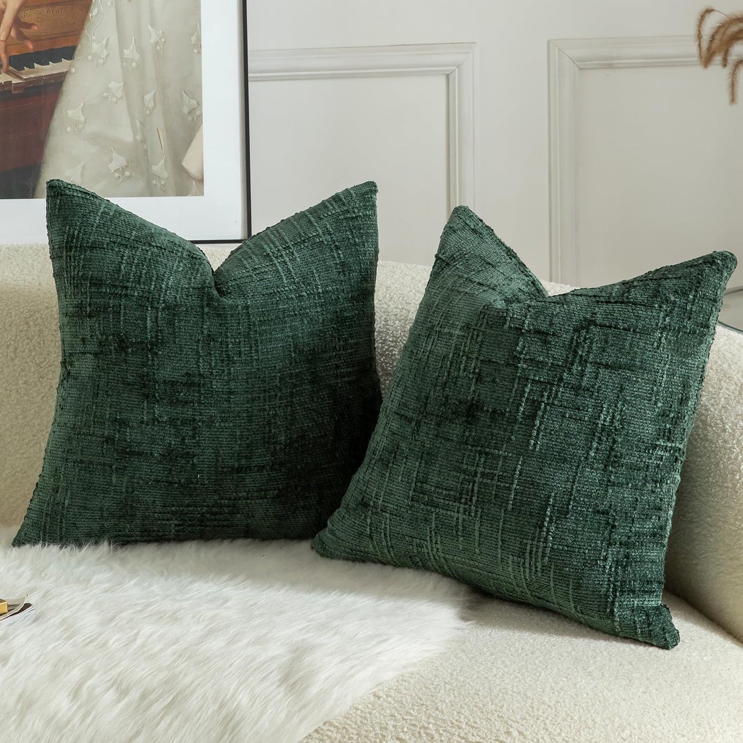 MANDIOO Pack of 2 Soft Chenille Textured Throw Pillow Covers Square Accent Solid Decorative Cushion Cover Cozy Farmhouse Pillow Case for Couch Sofa Bed Living Room 26x26 Inch Dark Green