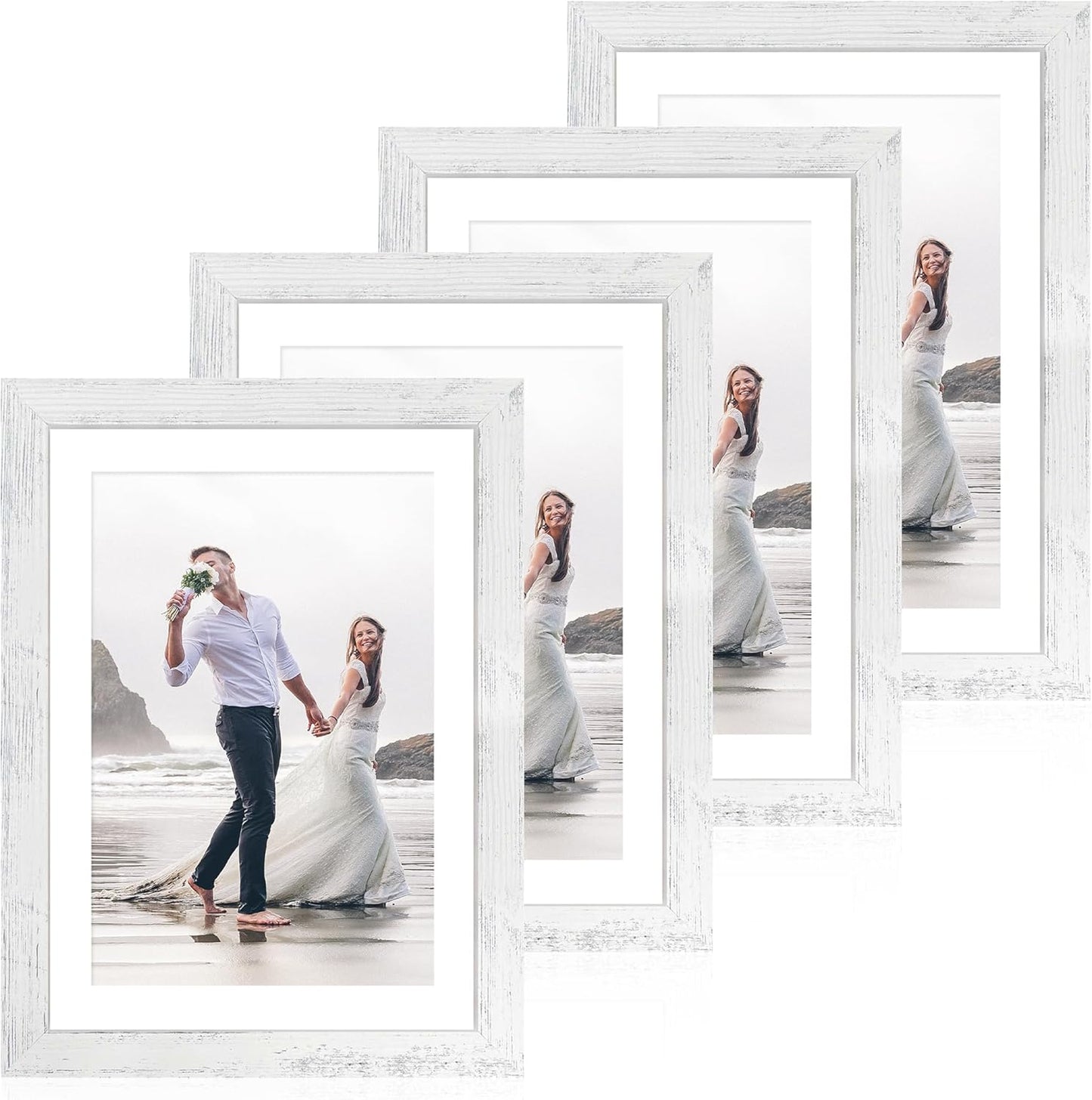 iRahmen 10x14 Picture Frame Set of 4 with Tempered Glass, Distressed White Frame Display 8x12 Picture with Mat or 10 x 14 Without Mat, Wood Rustic Photo Frames for Horizontal or Vertical Wall Mounting