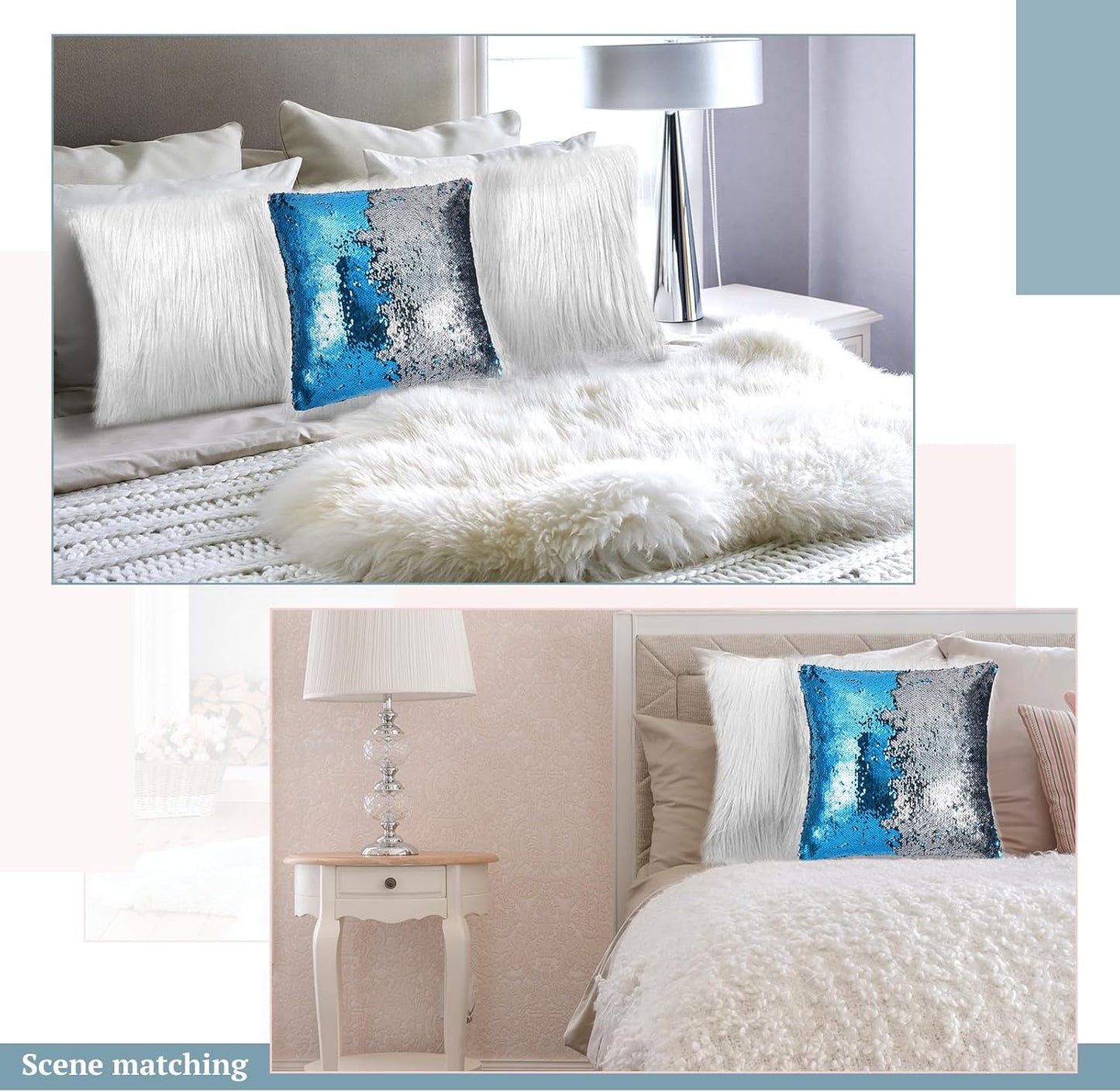 Irenare 4 Pcs Sequin and Fluffy Pillow Covers Winter Throw Pillow Cases Soft Cushion Cover for Couch Bed Sofa Xmas Day(18 x 18 Inch,White, Silver-Blue)