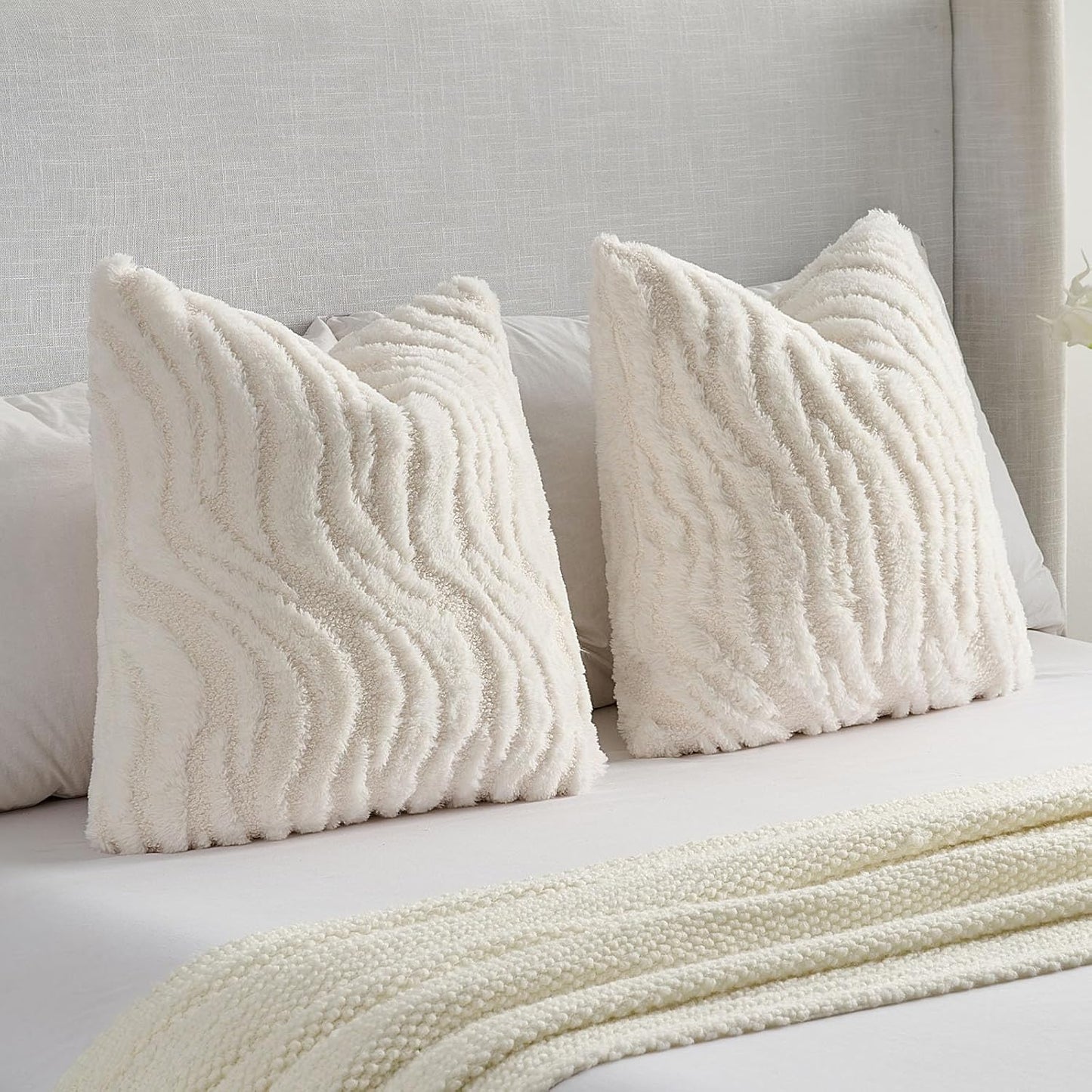 FUTEI White Decorative Throw Pillow Covers 12x20 Inch Set of 2,Soft Faux Fur Geometric Shapes Texture Pillowcase,Boho Home Decor for Couch Bed Living Room