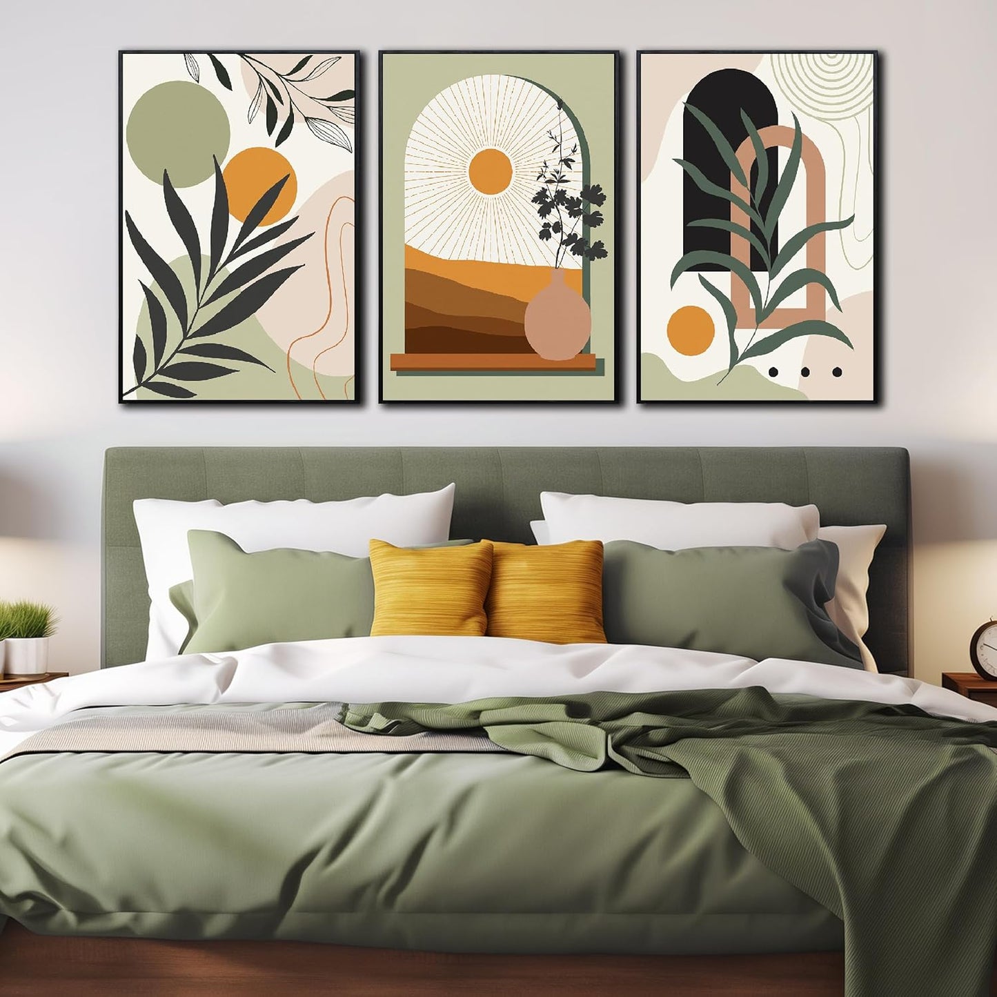 Green Boho Artwork for Walls Bohemian Wall Decor for Bedroom Plant Wall Art for Living Room with Black Frame Size 20 x 30 Inch 3 Panels
