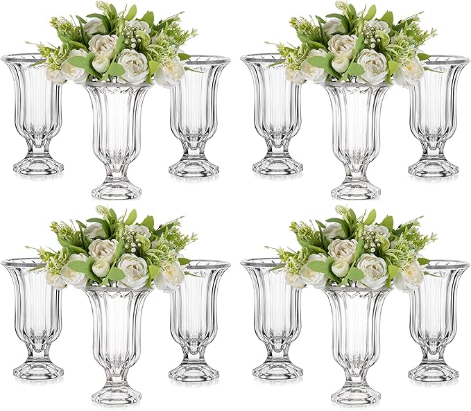 Glasseam Ribbed Glass Vase for Flowers, 7.5in Tall Vases for Centerpieces, Modern Crystal Clear Vase Set of 12, Decorative Flower Vases for Decor, Fluted Footed Urn for Wedding Dining Table Decoration