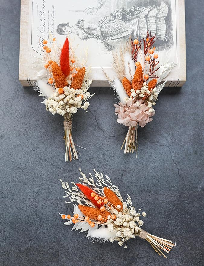 xin's convey Mini Dried Flower Bouquet Set of 6, Groom's and Best Man's Boutonnieres, Dried Flower Gift Box, Boho Wedding Plate Decoration, Birthday Cake Arrangement (Terracotta)