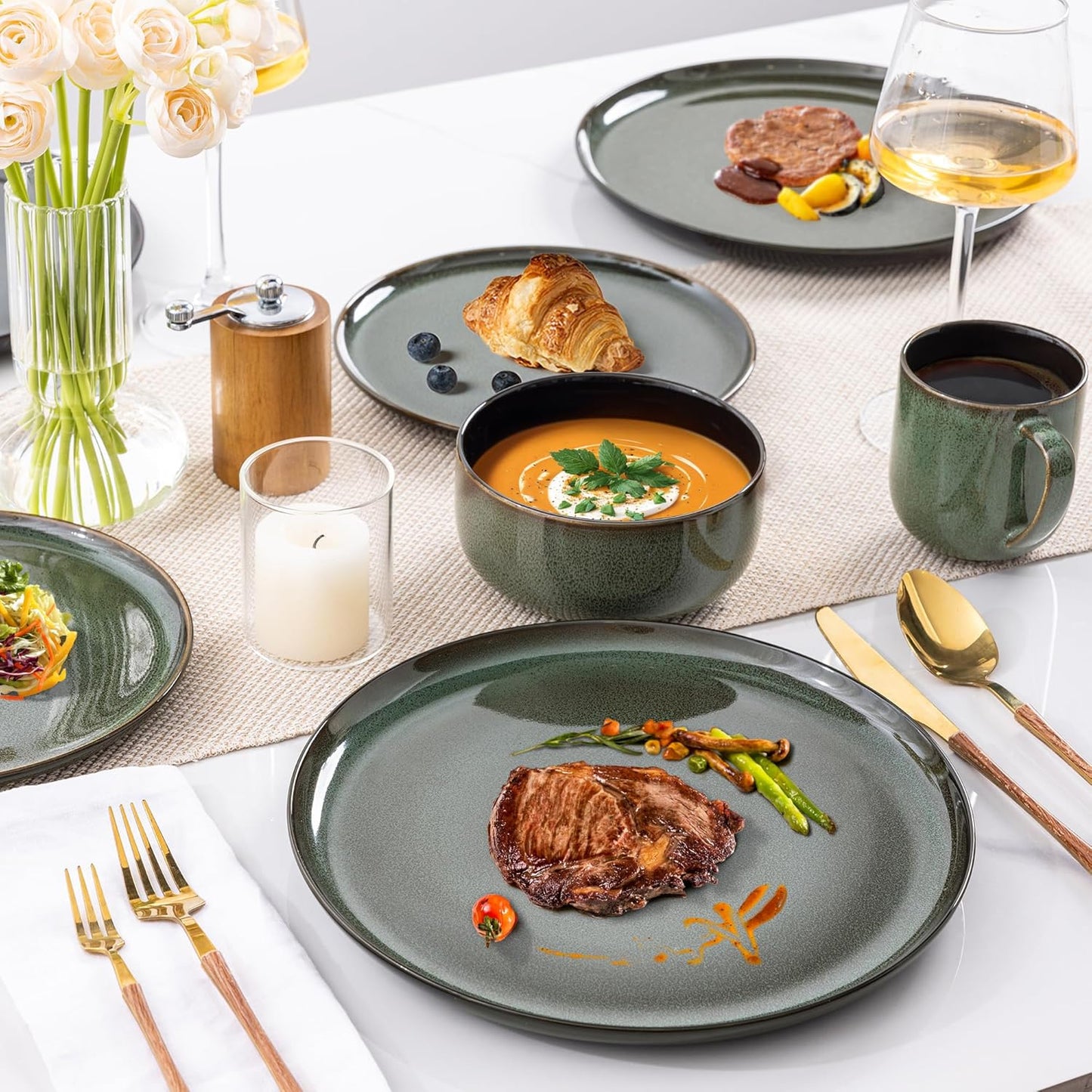 LERATIO Ceramic Dinnerware Sets for 4,16-PieceReactive Glaze Plates and Bowls Set with Mugs,Highly Chip and Crack Resistant | Dishwasher,Microwave & Oven Safe Dishes set-Green