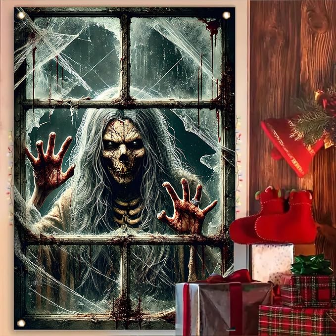Window Cover Halloween 47x31 Inch Scary Skeleton Ghost Bloody Handprint Banner Creepy Horror Window Decoration for Haunted House Indoor Outdoor Poster Porch Decor