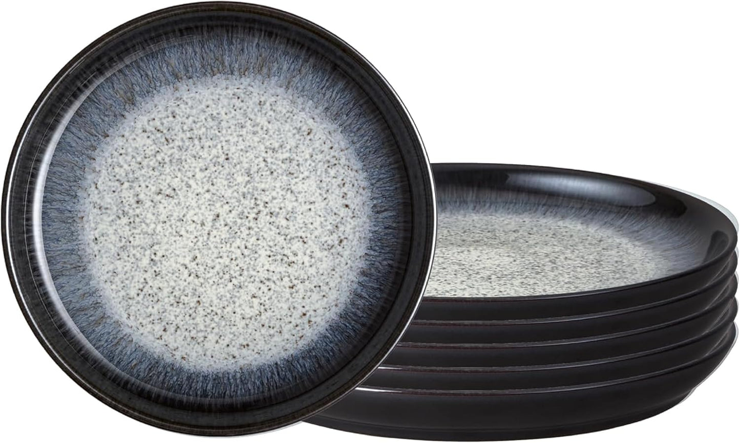 Denby - Halo Coupe Dinner Plates Set of 6-10.25 Inch Reactive Glaze, Dishwasher Microwave Oven Safe - Scratch Chip Resistant - Grey, Black Large Ceramic Stoneware Dinnerware Plates Set